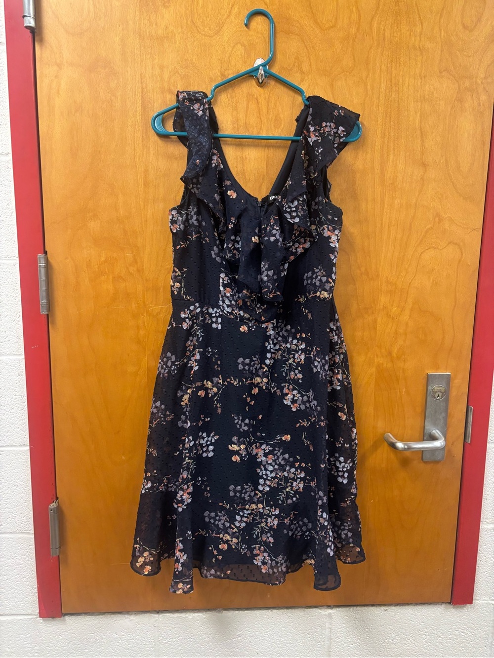 DKNY navy Floral Ruffle Midi Dress
